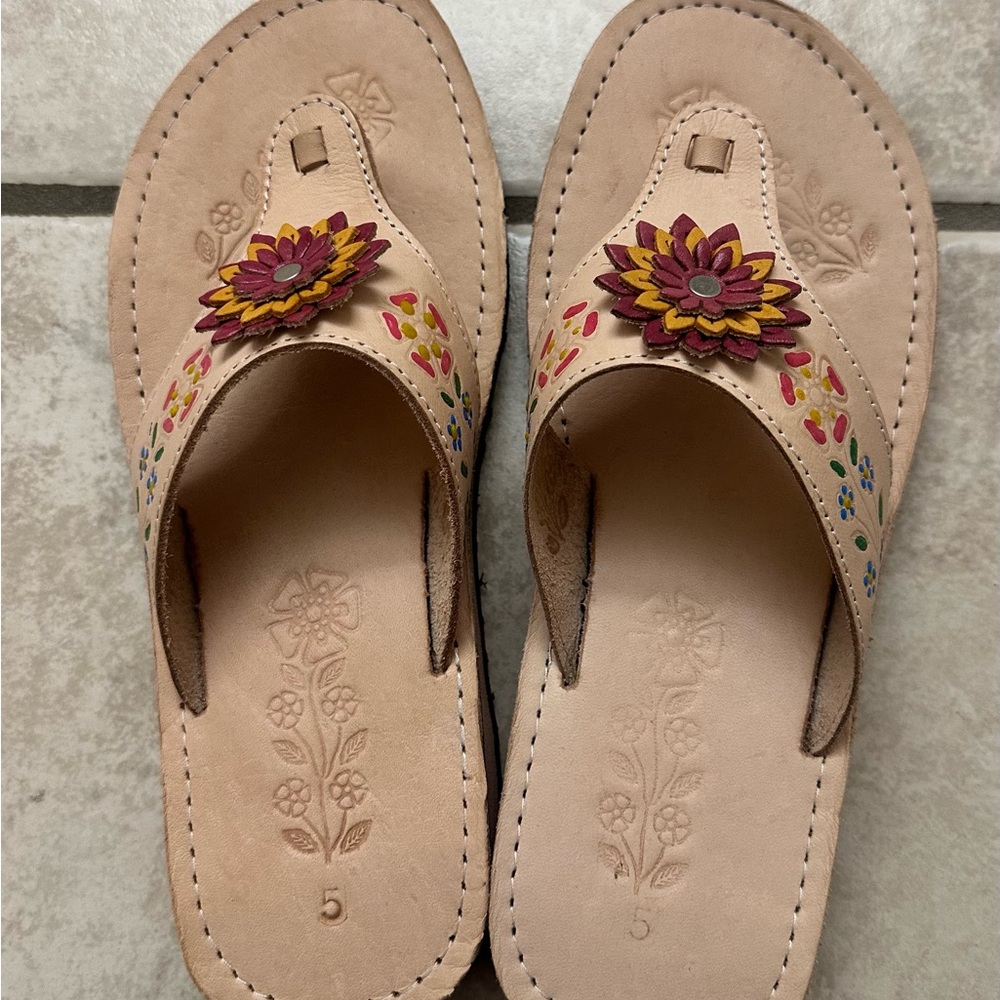 Tan and Red Floral Sandals with Decorative Petals